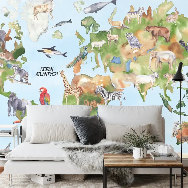 Fototapeta Akwarelowa Mapa Świata – Kontynenty i Zwierzęta w Podróży
