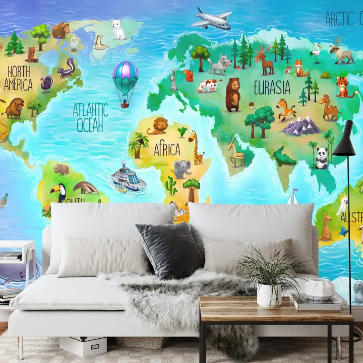 Fototapeta Mapa Świata z Fauną – Egzotyczne Zwierzęta i Kontynenty