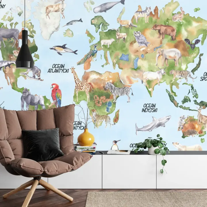 Fototapeta Akwarelowa Mapa Świata – Kontynenty i Zwierzęta w Podróży
