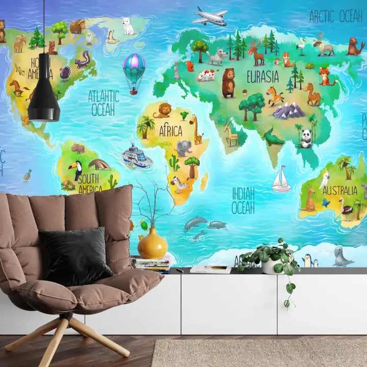 Fototapeta Mapa Świata z Fauną – Egzotyczne Zwierzęta i Kontynenty