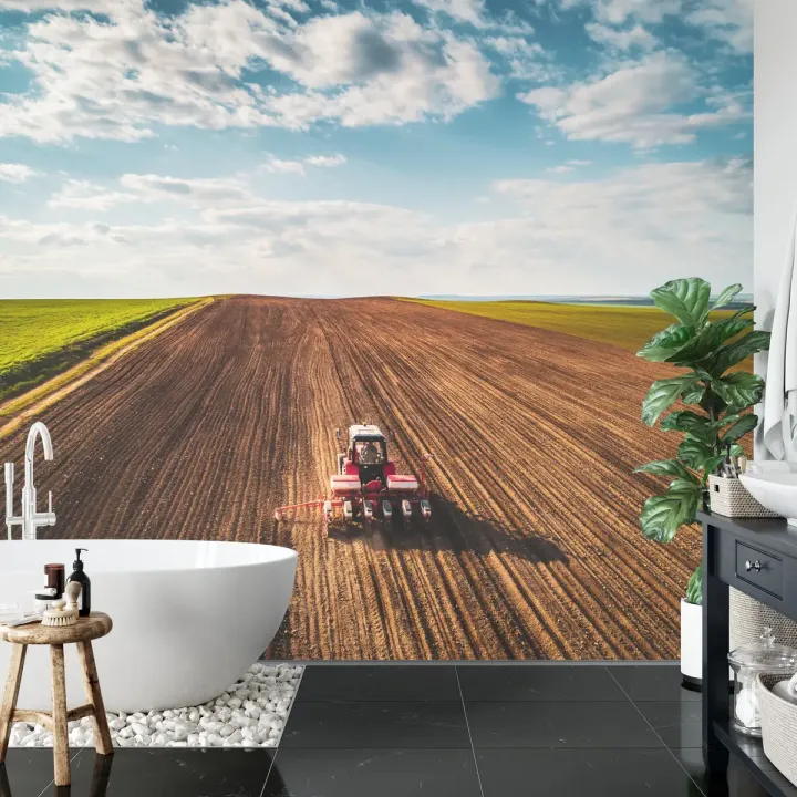 Fototapeta Widok Z Lotu Ptaka Na Traktor – Krajobraz Wiejski i Praca na Roli
