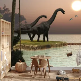 Fototapeta Dinozaury Nad Wodą – Prehistoryczny Krajobraz o Zachodzie Słońca