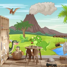 Fototapeta Dinozaury i Wulkan – Prehistoryczny Krajobraz Jurajski