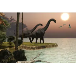 Fototapeta Dinozaury Nad Wodą – Prehistoryczny Krajobraz o Zachodzie Słońca