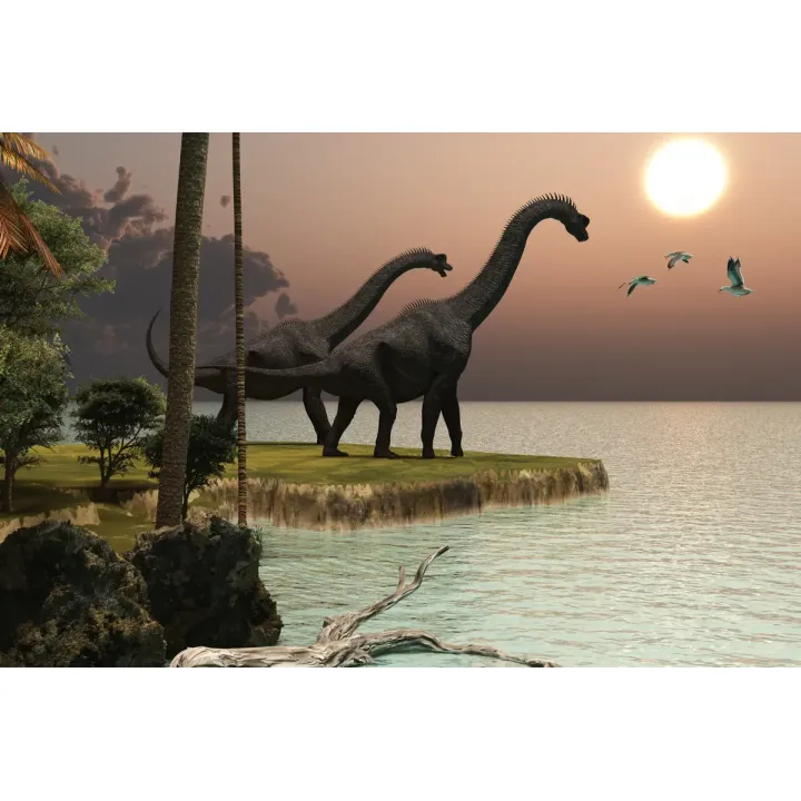 Fototapeta Dinozaury Nad Wodą – Prehistoryczny Krajobraz o Zachodzie Słońca – produkt