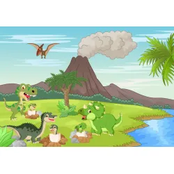 Fototapeta Dinozaury i Wulkan – Prehistoryczny Krajobraz Jurajski