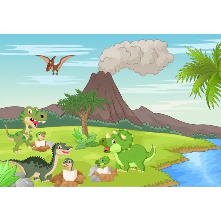 Fototapeta Dinozaury i Wulkan – Prehistoryczny Krajobraz Jurajski – produkt
