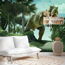 Fototapeta Dinozaur – Prehistoryczny Krajobraz z T-Rexem i Palmami