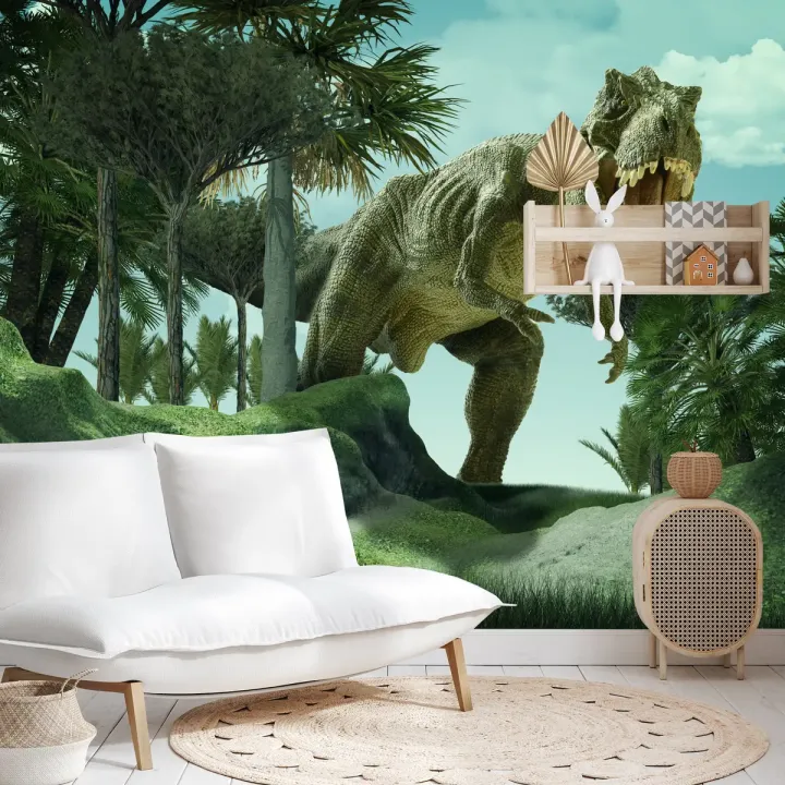 Fototapeta Dinozaur – Prehistoryczny Krajobraz z T-Rexem i Palmami