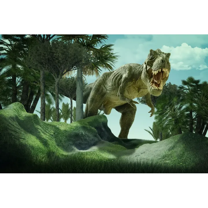 Fototapeta Dinozaur – Prehistoryczny Krajobraz z T-Rexem i Palmami – produkt
