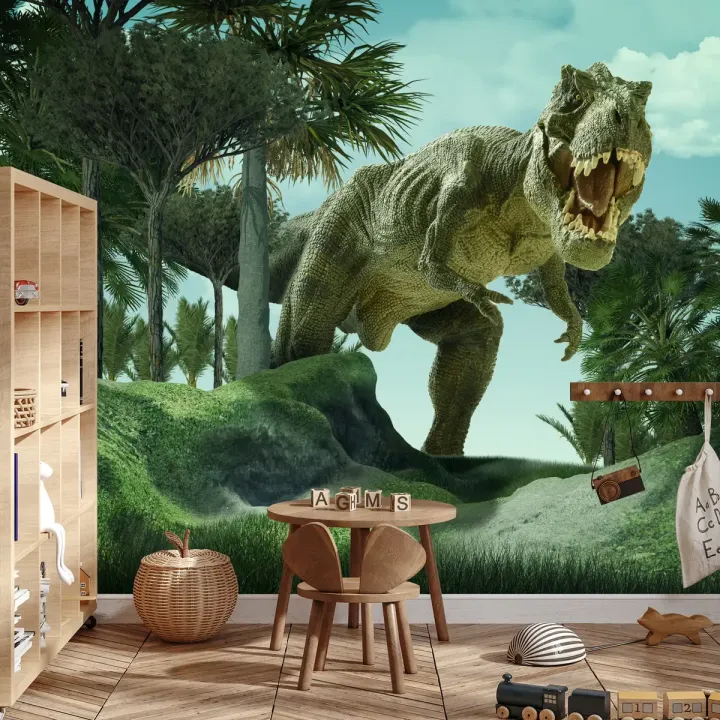 Fototapeta Dinozaur – Prehistoryczny Krajobraz z T-Rexem i Palmami