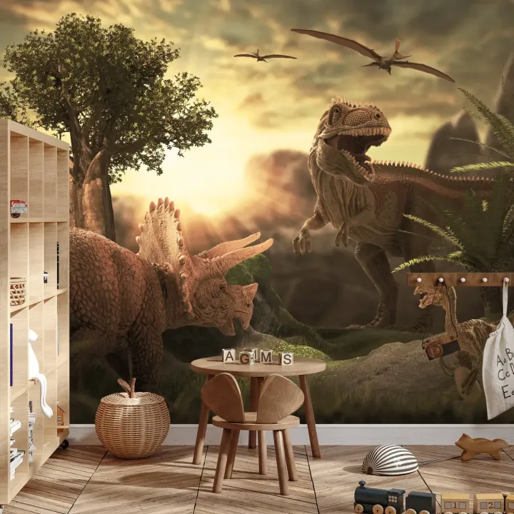 Fototapeta Dinozaury – Prehistoryczny Krajobraz o Zachodzie Słońca
