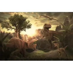 Fototapeta Dinozaury – Prehistoryczny Krajobraz o Zachodzie Słońca