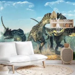 Fototapeta Trzy Dinozaury – Prehistoryczne Gady w Leśnym Krajobrazie
