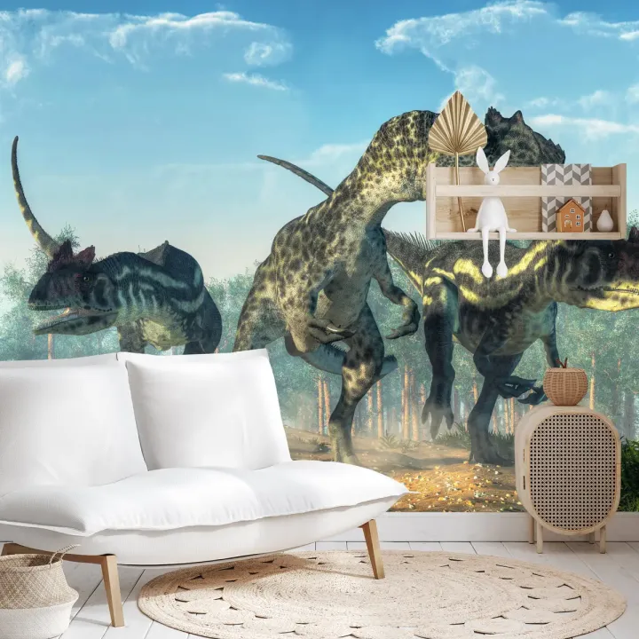 Fototapeta Trzy Dinozaury – Prehistoryczne Gady w Leśnym Krajobrazie