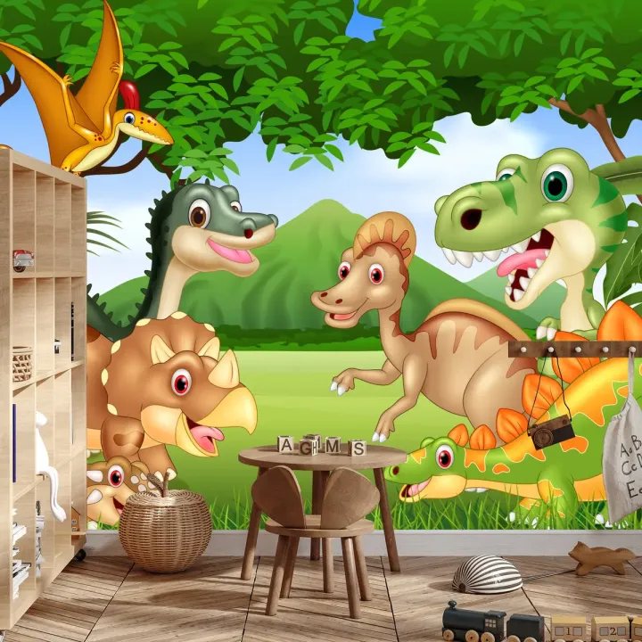 Fototapeta Dinozaury w Dżungli – Prehistoryczny Krajobraz Pełen Przygód