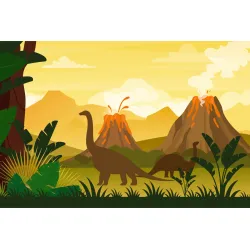 Fototapeta Dinozaury i Pejzaż – Prehistoryczny Krajobraz z Wulkanem