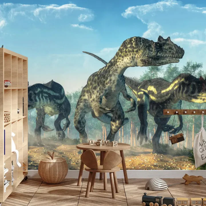 Fototapeta Trzy Dinozaury – Prehistoryczne Gady w Leśnym Krajobrazie