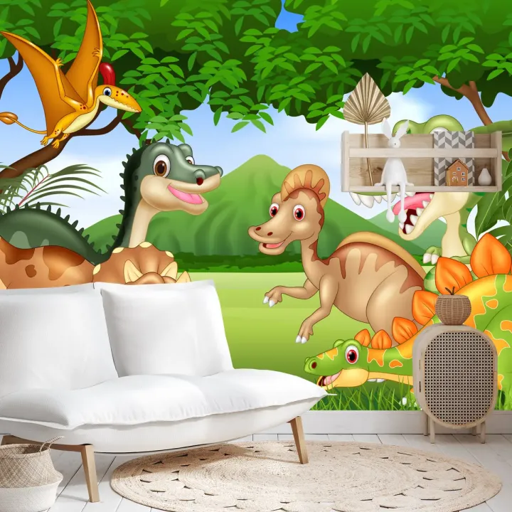 Fototapeta Dinozaury w Dżungli – Prehistoryczny Krajobraz Pełen Przygód