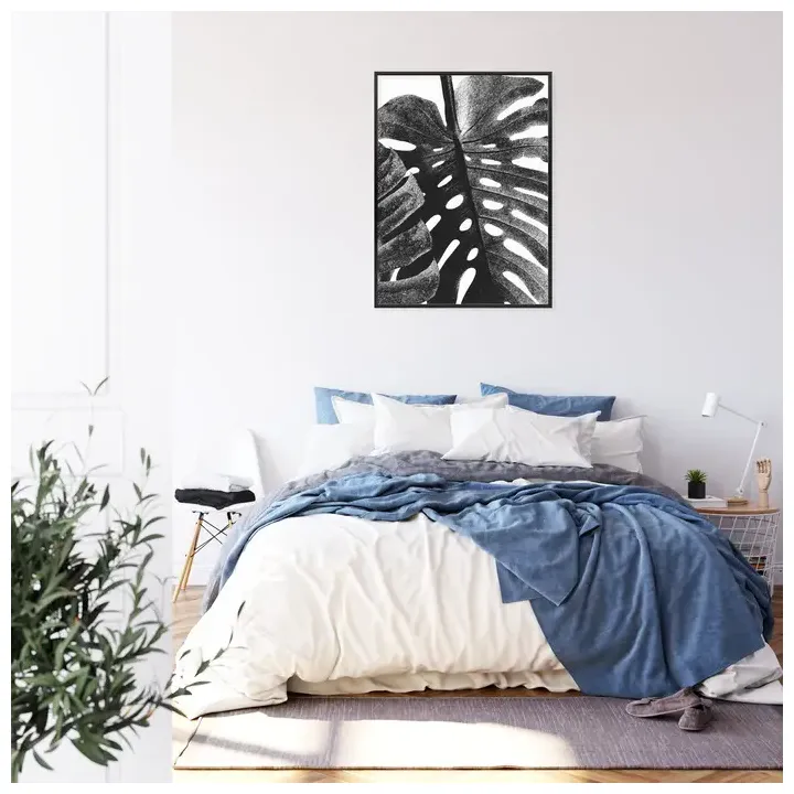 Plakat Czarno-Biały Liść Tropikalny – Monochromatyczna Abstrakcja Natury
