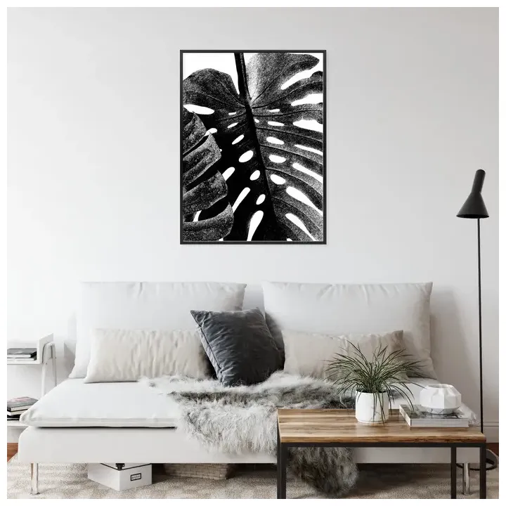 Plakat Czarno-Biały Liść Tropikalny – Monochromatyczna Abstrakcja Natury