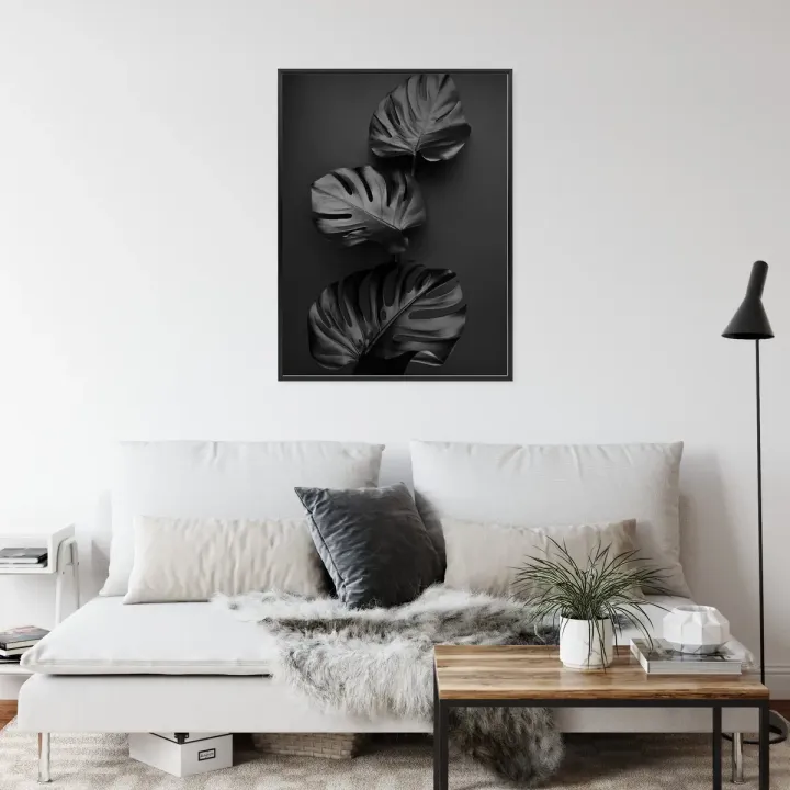 Plakat Błyszczące Ciemne Liście – Abstrakcyjna Roślinność w Monochromatycznym Stylu