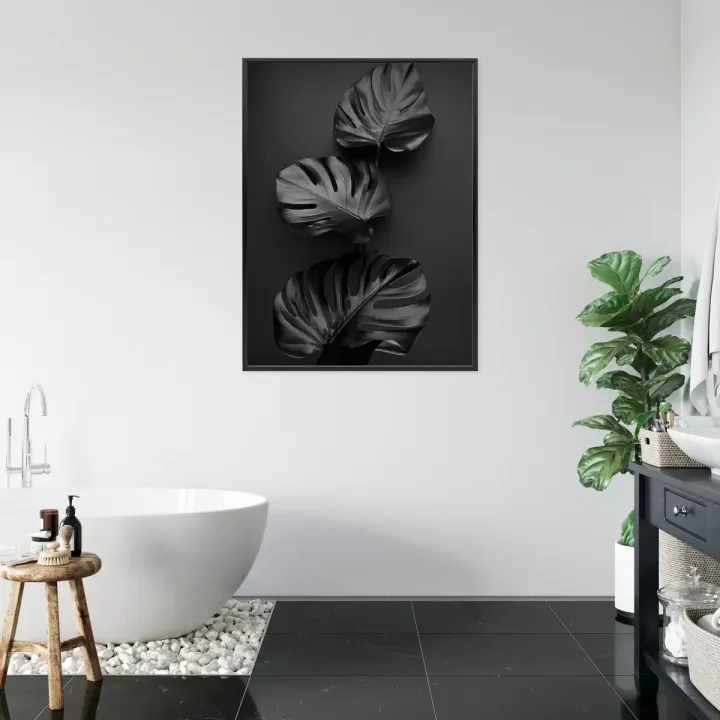 Plakat Błyszczące Ciemne Liście – Abstrakcyjna Roślinność w Monochromatycznym Stylu