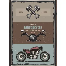 Plakat Motocykl Vintage – Klasyczny Garage z Akcesoriami i Napisami – produkt