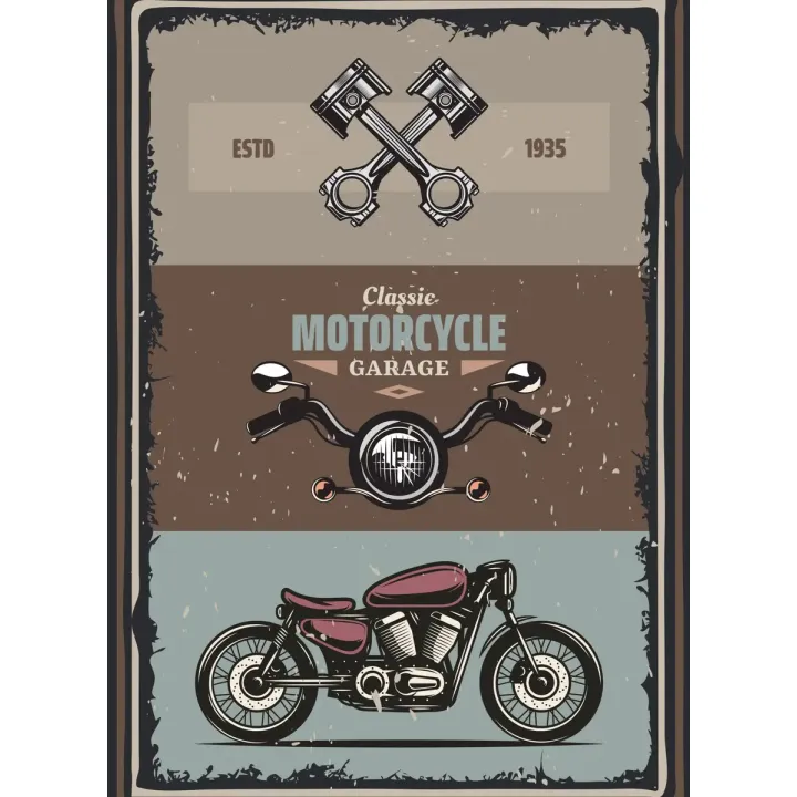 Plakat Motocykl Vintage – Klasyczny Garage z Akcesoriami i Napisami – produkt