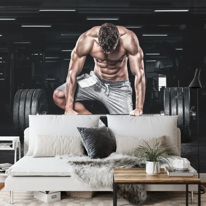 Fototapeta Kulturysta Ze Sztangą – Motywacja Sportowa na Siłownię
