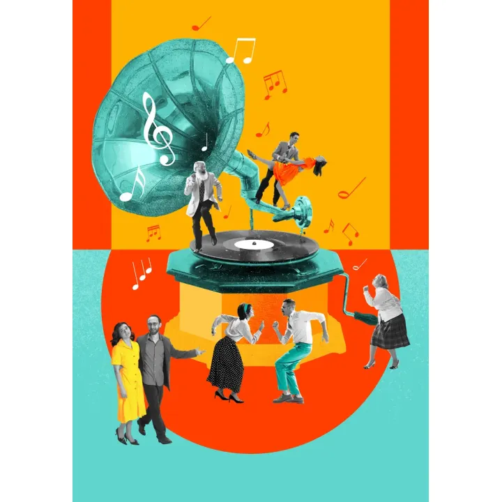 Plakat Kolaż Pop-Art – Muzyka i Taniec w Stylu Lat 60. – produkt