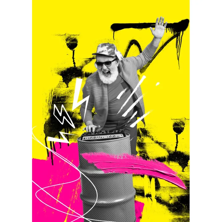 Plakat DJ w Miejskiej Dżungli – Kolorowy Kolaż Muzyki i Sztuki Ulicznej – produkt
