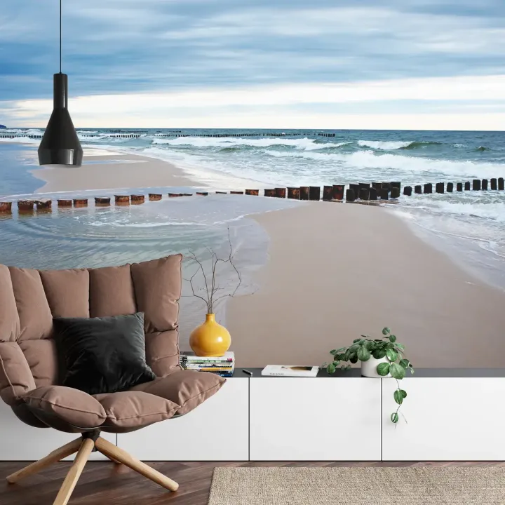 Fototapeta Plaża Morze Piasek – Nadmorski Krajobraz z Falą i Niebem