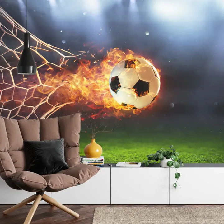 Fototapeta Piłka Nożna – Sportowa Akcja w Płomieniach