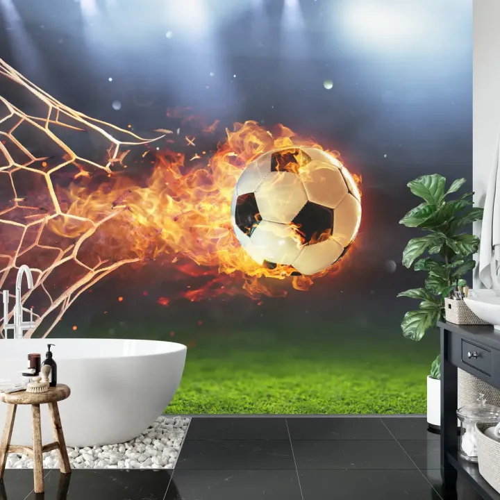 Fototapeta Piłka Nożna – Sportowa Akcja w Płomieniach