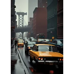 Plakat Deszczowy Dzień w Nowym Jorku – Manhattan i Taksówki na Ulicy – produkt