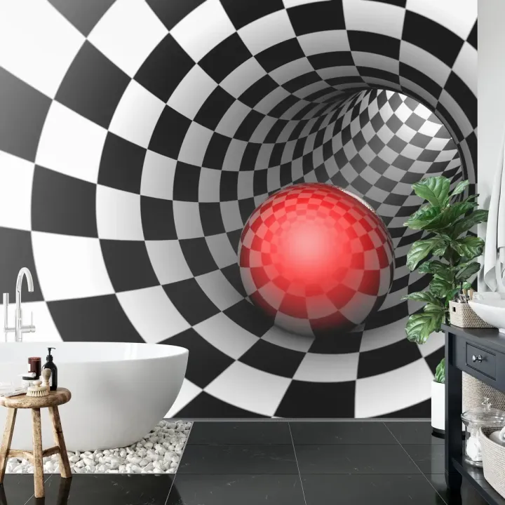 Fototapeta 3D Tunel – Iluzja Szachownicy i Głębi Op-Art