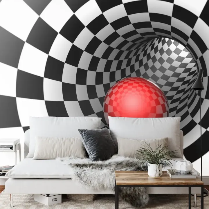 Fototapeta 3D Tunel – Iluzja Szachownicy i Głębi Op-Art