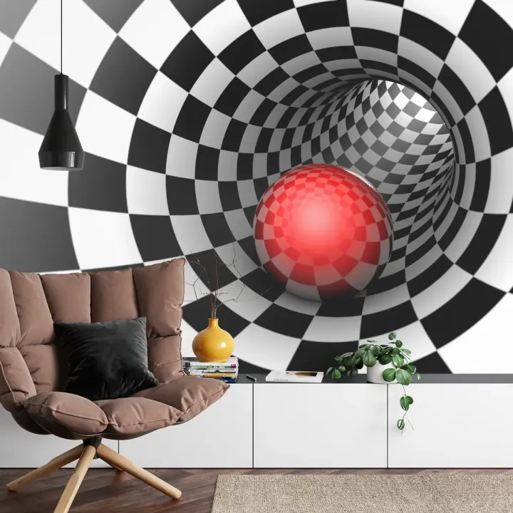 Fototapeta 3D Tunel – Iluzja Szachownicy i Głębi Op-Art