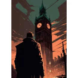 Plakat Mężczyzna i Big Ben – Nocny Londyn w Komiksowym Stylu – produkt