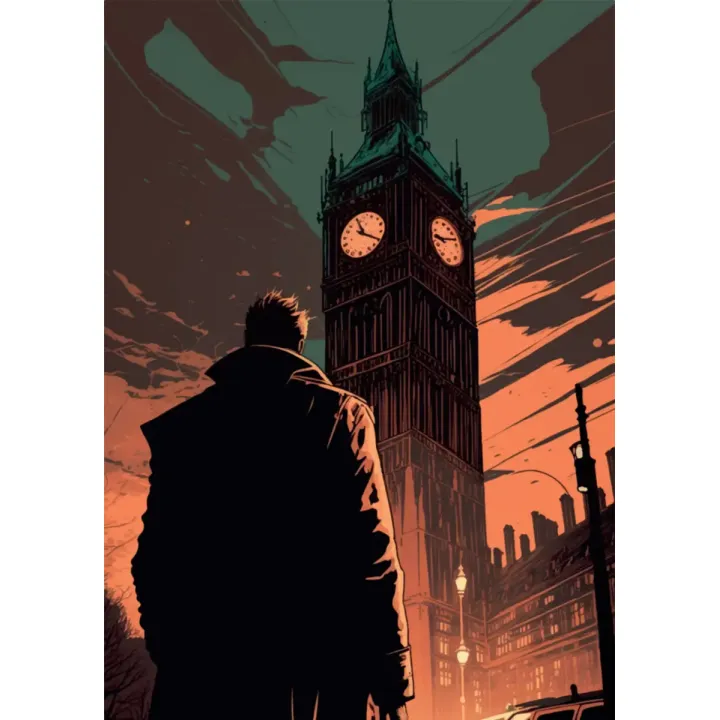 Plakat Mężczyzna i Big Ben – Nocny Londyn w Komiksowym Stylu – produkt