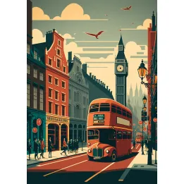 Plakat Londyn – Czerwony Autobus i Big Ben na Ulicy Miasta – produkt
