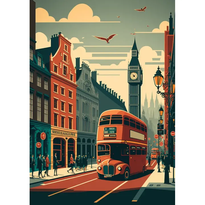 Plakat Londyn – Czerwony Autobus i Big Ben na Ulicy Miasta – produkt