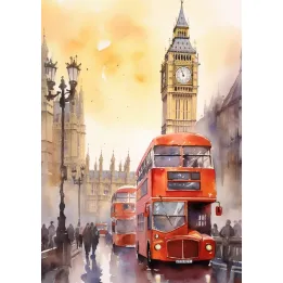Plakat Akwarelowy Londyn – Czerwony Autobus i Big Ben nad Tamizą – produkt
