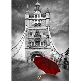 Plakat Czerwony Parasol – Tower Bridge w Deszczu – produkt