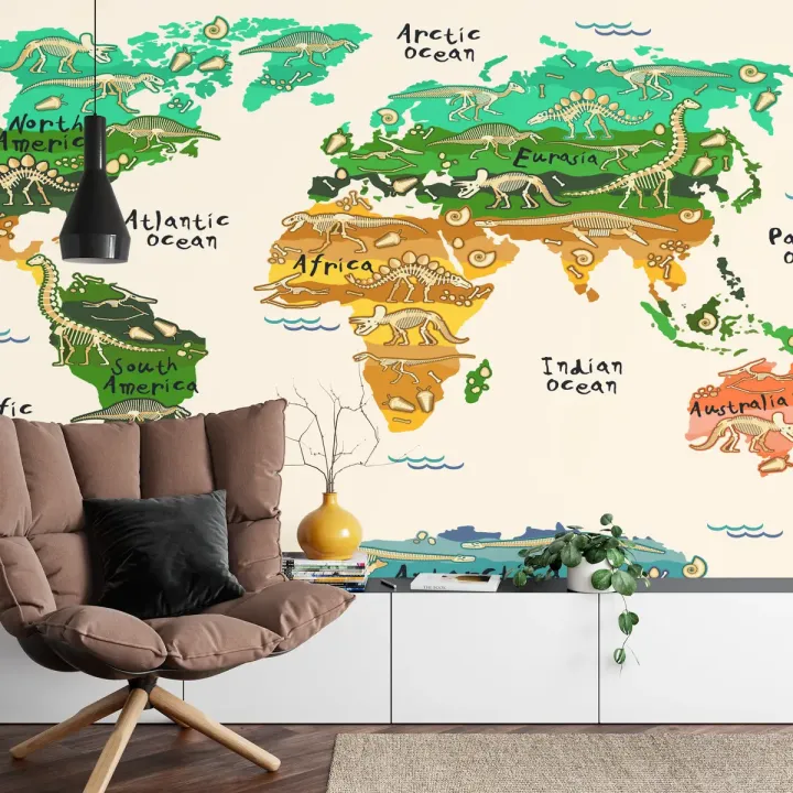 Fototapeta Mapa Dla Dzieci – Kontynenty, Oceany i Dinozaury