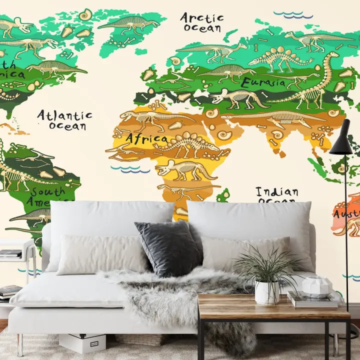 Fototapeta Mapa Dla Dzieci – Kontynenty, Oceany i Dinozaury