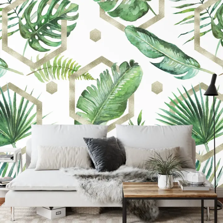 Fototapeta Liście Monstera – Botanika i Akwarelowa Geometria