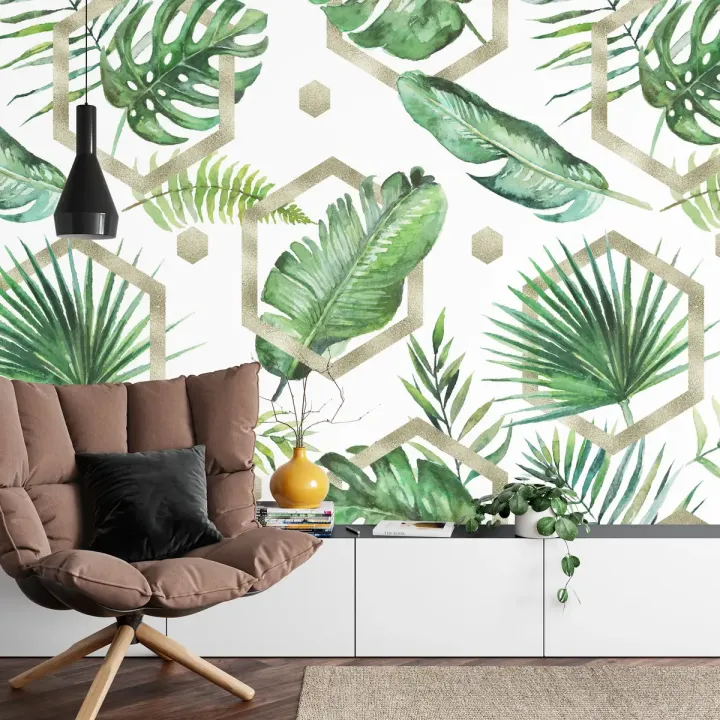 Fototapeta Liście Monstera – Botanika i Akwarelowa Geometria