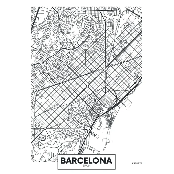 Plakat Czarno-Biała Mapa Barcelony – Plan Miasta i Urbanistyka Hiszpanii – produkt